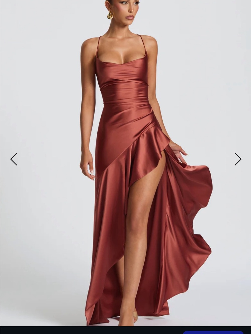 Rust Satin High-Low Slip Dress with Thigh Slit